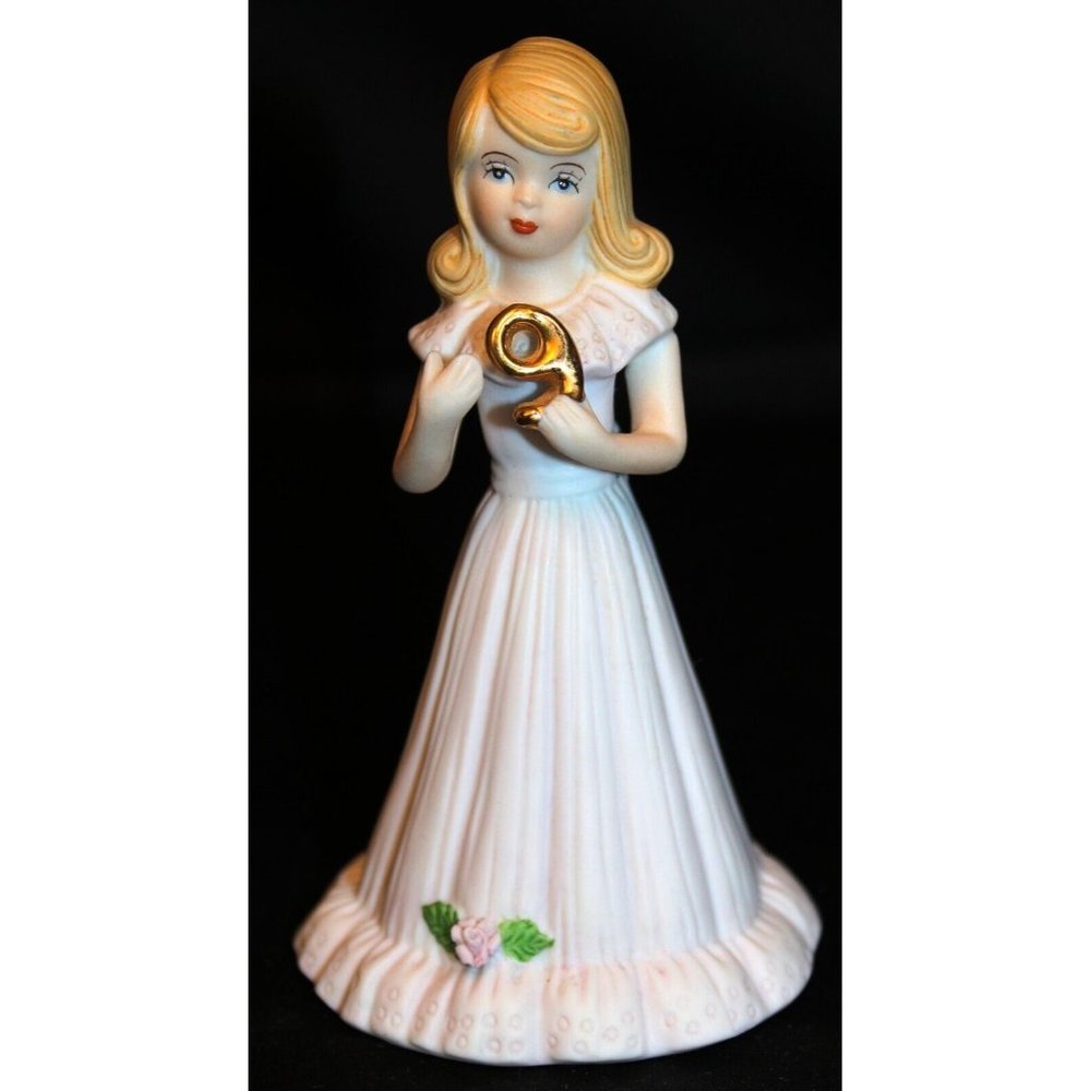 Enesco Growing Up Birthday Girls Age 9 Ceramic FIgurine Flower Shiny Gold